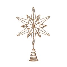 a gold christmas ornament with a star on it's top, hanging from a string