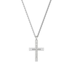 This cross pendant boasts a distinctive pattern and is adorned with 16 laboratory-grown diamonds arranged in the shape of a cross. Its minimalist style and unique details make it a standout piece. Available in gold and silver tones. Chain optional. | Necklace sold separately. | Dimension:16-18inch| Metal Purity: Hypoallergenic Metal And Lab-grown Diamond | Stone: White Lab-Grown-Diamonds | Color: D,E,F | Clarity: VVS | Carat Weight: 0.16cts | Carbon Emission: 0% White Gold Cross Necklace With Brilliant Cut, White Gold Necklaces With Box Chain And Cross Pendant, White Gold Necklace With Box Chain And Cross Pendant, White Gold Brilliant Cut Cross Necklace, Diamond Cut Cross Pendant Necklace, White Gold Necklace With Cross Pendant And Box Chain, White Gold Cross Pendant Necklace With Box Chain, White Gold Cross Necklace With Box Chain, White Gold Cross Necklace With Diamond Cut Pendant