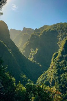 the sun shines brightly on green mountains