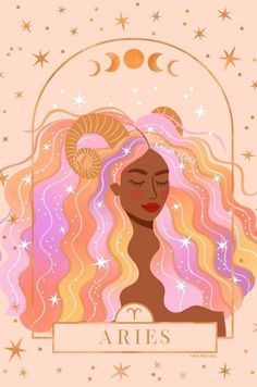 the zodiac sign aris with long hair and stars in the sky behind her, on a pink background