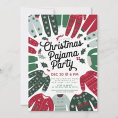 a christmas pajama party flyer with sweaters and mittens on the front