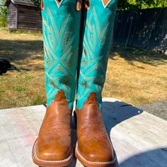 Tony Lama Turquoise Cowboy Boots. Only Worn Around The House, So Practically Brand New. No Signs Of Wear. Turquoise Cowboy Boots, Tony Lama, Shoes Heels Boots, Blue Brown, Cowboy Boots, Shoes Women Heels, Heeled Boots, The House, Cowboy