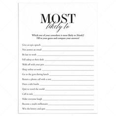 Funny Office Most Likely To Game Printable by LittleSizzle All About Me Questions For Coworkers, Who Knows The Boss Best, Get To Know Your Coworkers, Fun Office Games, Most Likely To Questions, Leadership Games, Fun Icebreaker Games, Boss Games, Icebreaker Games