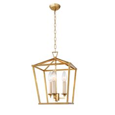 a brass colored light fixture with three candles hanging from the bottom and one candle in the middle