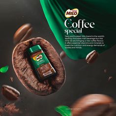 an advertisement for coffee is shown in the air with beans and leaves flying around it