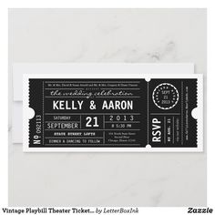 a black and white ticket style wedding save the date card with an image of a clock on it