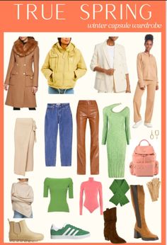 Spring Winter Color Palette, True Spring Fall Outfits, Warm Spring Fall Outfits, True Spring Outfit Ideas, Warm Spring Outfits Color Palettes, True Spring Capsule Wardrobe, True Spring Outfits, Spring Pallete, Hoc Spring