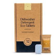 the dishwasher deterent eco tablets are packaged in a cardboard box and next to it's packaging