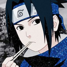 an anime character with black hair and blue eyes holding a chopstick in his mouth