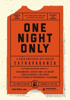 an orange and black poster with the words one night only written in bold font on it