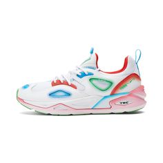 Style: 386783-01 Color: Puma White-Irish Green-High Risk Red-Ocean Dive Gender: Mens White Puma Running Shoes Functional Style, Puma Rsx, Neon Sneakers, White Casual Shoes, Sneakers Puma, Puma Suede, Black Trainers, Puma Sneakers, High Risk