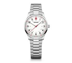 The Wenger City Sport watch boasts a 34mm white dial and durable stainless steel construction. Perfect for any occasion, this watch exudes timeless elegance and reliability. With precision and style, this watch is a must-have for any watch enthusiast. Modern White Watch With Rectangular Dial, Silver Rectangular Dial Watch, White Metal Watches With Metal Dial, White Leather Watch With Rectangular Dial, White Watch With Chronometer, Rectangular Dial, White Dial Watch, White Dial, Stainless Steel Watch, Glass Material