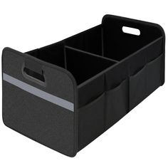 a black storage bin with two compartments