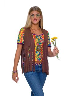 Female Hippie Vest Adult Costume - costumesupercenter.com 60s Halloween Costume, Decades Costumes, Hippie Makeup, Colorful Costume, Tourist Outfit, Faux Suede Vest, Peace Necklace, 70s Outfits, Fringe Vest