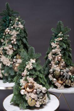 three small christmas trees sitting on top of white plates