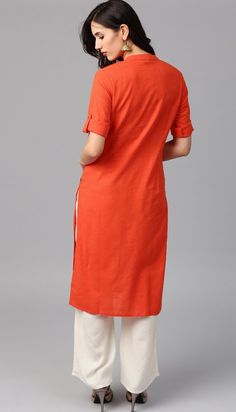 Flex Cotton Orange Colour Kurta with Offwhite Palazzo Cotton Kurta For Work And Eid, Orange Straight Kurta With Dabka, Handloom Cotton Palazzo Set With Straight Kurta, Orange Dabka Straight Kurta, Orange Cotton Kurta For Diwali, Casual Kurta For Workwear And Eid, Casual Workwear Kurta For Eid, Unstitched Orange Cotton Kurta, Handloom Straight Kurta Salwar Kameez