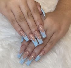 Light Blue Nails Medium Length, Sky Blue Nails Coffin, Baby Blue Acrylic Nails Coffin, Blue Nails With Initials, Baby Blue Nails French Tip, Baby Blue Prom Nails, Light Blue Acrylics, Spring Break Nails Coffin, Light Blue Prom Nails