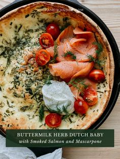 This Savory Buttermilk Herb Dutch Baby offers crisp edges and a soft, crepe-like center and is topped with smoked salmon and mascarpone. | whipandwander.com | #savoryherbbuttermilkdutchbaby #buttermilkdutchbaby #savorydutchbaby #dutchbaby #smokedsalmon #dutchbabywithsokedsalmon #smokedsalmonandmascarpone #mascarpone #savorybrunchrecipes #brunchrecipes #brunch #fishbrunch