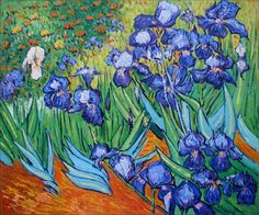 a painting of blue irises in a garden