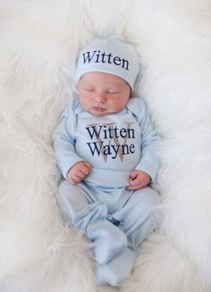 Newborn Boy Personalized Baby Blue Hat & Romper Outfit - Junie Grace Fitted Blue Onesie With Letter Print, Personalized Fitted Onesie For Gender Reveal, Baby Blue Hat, First Day Outfit, Fun Sign, Kenny Chesney, Pregnancy Journey, Blue Romper, Matching Hat