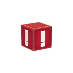 a red cube with two white squares on the front and one black square on the back