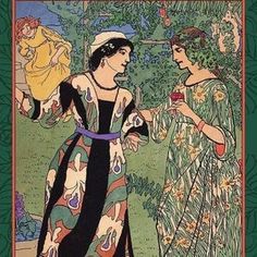 an illustration of two women talking to each other in a garden with trees and flowers