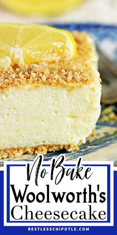 A square of lemon cheesecake on a plate. Lemon Jello Cheesecake, Impossible Cheesecake, No Bake Lemon, Milnot Cheesecake Recipe, No Bake Lemon Desserts, No Bake Desert, No Bake Lemon Cheesecake Recipes, Lemon Jello Cheesecake No Bake, Lemon Pudding Cheesecake No Bake