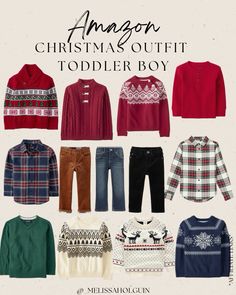 the christmas outfit for toddler boy is shown in different colors and patterns, including red, green, blue, white