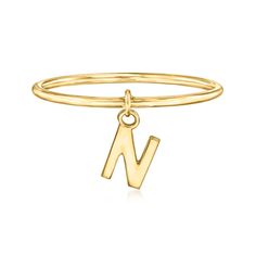 Ross-Simons - 14kt Yellow Gold "N" Initial Charm Ring Size 8. RS Pure. Modern designs that complete your outfit and complement your personality. Our simple 14kt yellow gold ring dangles a dainty "N" initial charm, adding a special touch to your stylish stacks. Choose a letter that represents your own name, nickname, significant other, child or pet - whatever you wish! 1/16" wide. 14kt yellow gold initial charm ring. N Initial, Charm Ring, Gold N, Gold Initial, Charm Rings, Yellow Gold Ring, Significant Other, Initial Charm, A Letter