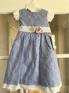 NWT Toddler Girls Dress Size 24 Months Lt Blue w/ Pink Embroidered Rosettes & White Lace Trim Attached slip with crinoline at bottom to keep shape. 60% Cotton, 40% Polyester; Machine Wash Cold Spring School Cotton Dresses, Spring Cotton School Dress, Blue Spring Dress For School, Blue Dress For School In Spring, Flowers White, Toddler Girl Dresses, White Trim, Toddler Dress, Girls Dress