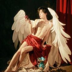 a painting of an angel sitting on the ground with his wings spread out and holding a red apple