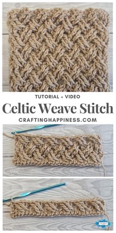 the crochet weave stitch pattern is shown in three different stages, with text overlay