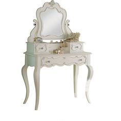 a white dressing table with a mirror and drawers on it's sides, in front of a white background