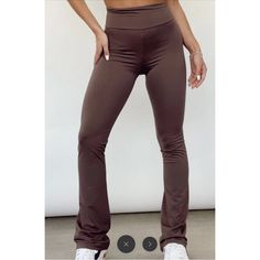 Cocoa Flare Pants Size L Ntw Brown Wide-leg Elastane Pants, Casual Brown Elastane Bottoms, Casual Fitted Full-length Bottoms, Brown Stretch Bottoms For Loungewear, Stretch Brown Bottoms For Loungewear, High-waist Brown Bottoms For Loungewear, High Waist Brown Bottoms For Loungewear, Brown High-waist Bottoms For Loungewear, Brown Stretch Pants For Loungewear