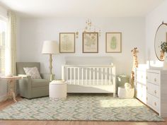 a baby's room with white furniture and decor