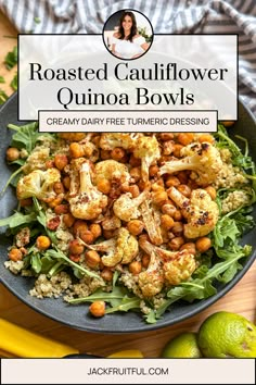 roasted cauliflower and quinoa bowls with text overlay