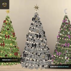 three christmas trees decorated with lights and bows are shown in different colors, shapes and sizes