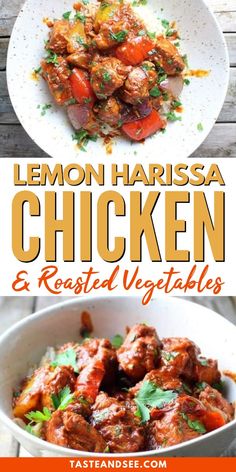 lemon harissa chicken and roasted vegetables in a white bowl with text overlay