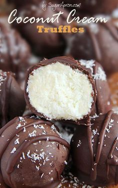 coconut cream truffles are stacked on top of each other