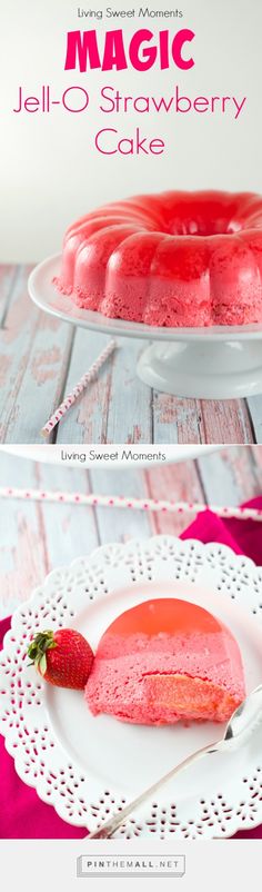 a strawberry jello cake on a white plate