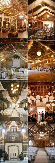 the inside of a barn with chandeliers and tables