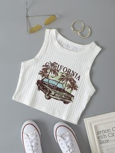 Car Letter, Printed Sleeveless Top, Short Sleeve Pattern, Knit Tank, Teenage Fashion Outfits