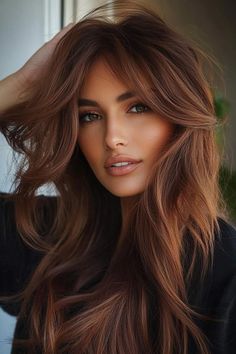 20 Rich Fall Hair Colors for Brunettes Long Hair With Face Framing Layers And Curtain Bangs, Brunette Color Palette, Fall Color For Brunettes, Brunette Hair With Curtain Bangs, Soft Autumn Hair Color, Bangs With Highlights, Fall Hair Colors For Brunettes, Rich Brown Hair Color, Dark Ginger Hair