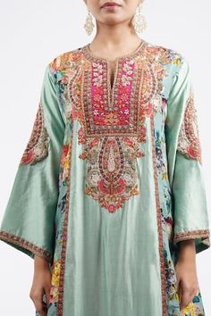 Pale blue A-line kurta with floral prints and embroidery. Comes with plain salwar. - Aza Fashions Salwar Pattern, Women Kurta, A Line Kurta, Straight Kurta, Blue Silk, Embroidered Silk, Set For Women, Aza Fashion, Pale Blue