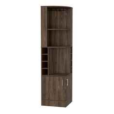 a tall wooden bookcase with two doors