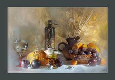 a still life with grapes, oranges and wine