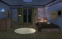 a cartoon bedroom with blue walls and wooden floors