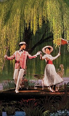 a painting of two people standing on a bench in front of a weeping willow tree