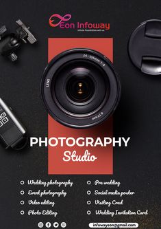 an advertisement for a photography studio with a camera and flash card on the table next to it