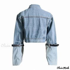 Olivia Mark - Stylish and Trendsetting Belted Turn Up Hybrid Long Sleeve Button Up Crop Denim Jacket for Fashion Enthusiasts Spring Streetwear Denim Jacket With Button Cuffs, Trendy Spring Denim Jacket With Button Cuffs, Spring Utility Denim Jacket With Buttons, Crop Denim Jacket, Denim Blazer, Cropped Denim Jacket, Jacket Long, Turn Up, Cropped Denim